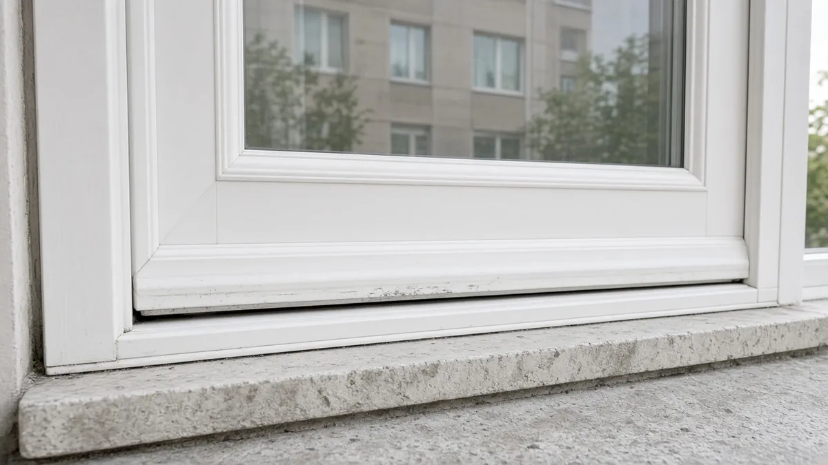 Alt eşiğe sürten camlı balkon kapısı kanadının eşik hizasından çekilmiş yakın planı