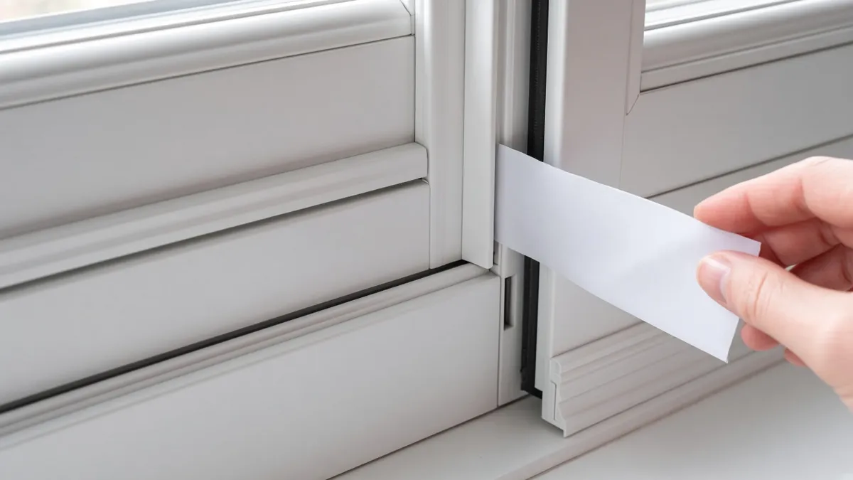 Kapanmış PVC pencere kanadının köşesine tutulan kâğıt şeridinin rüzgârda kıpırdadığı yakın plan