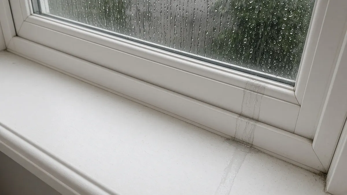 Yağmur sonrası iç pervazında ıslak iz görülen beyaz PVC pencere kasasının yakından çekilmiş hali