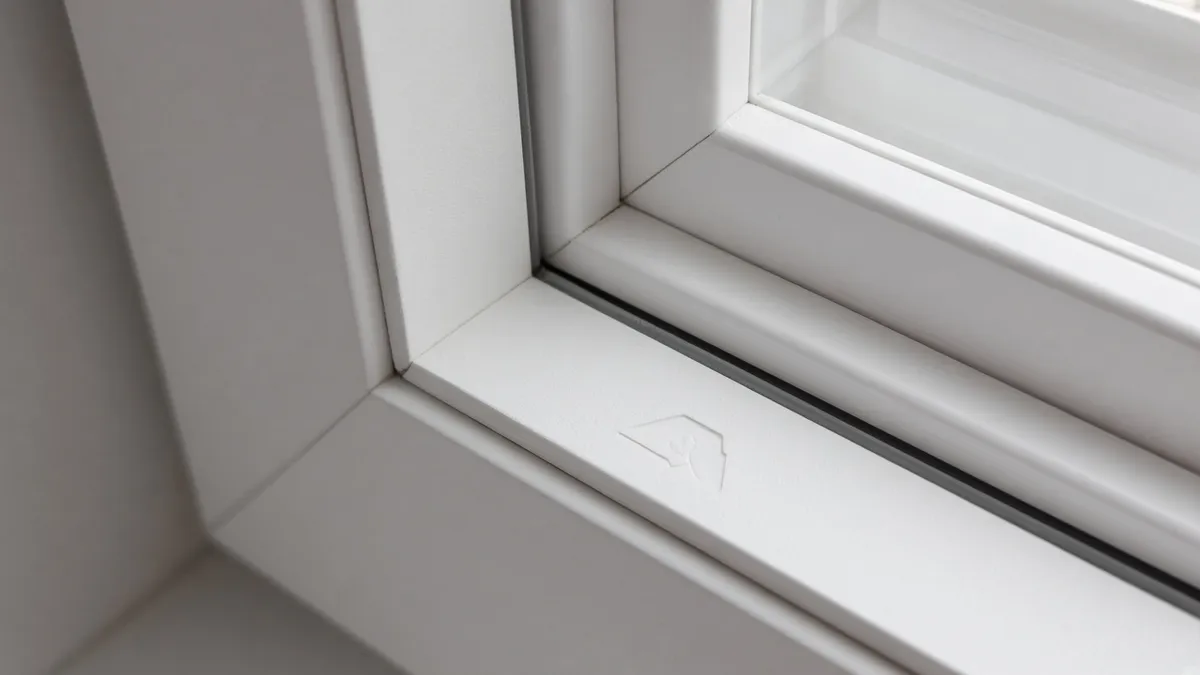 Beyaz PVC pencere kasasının iç köşesinde küçük profil marka izinin göründüğü yakın plan