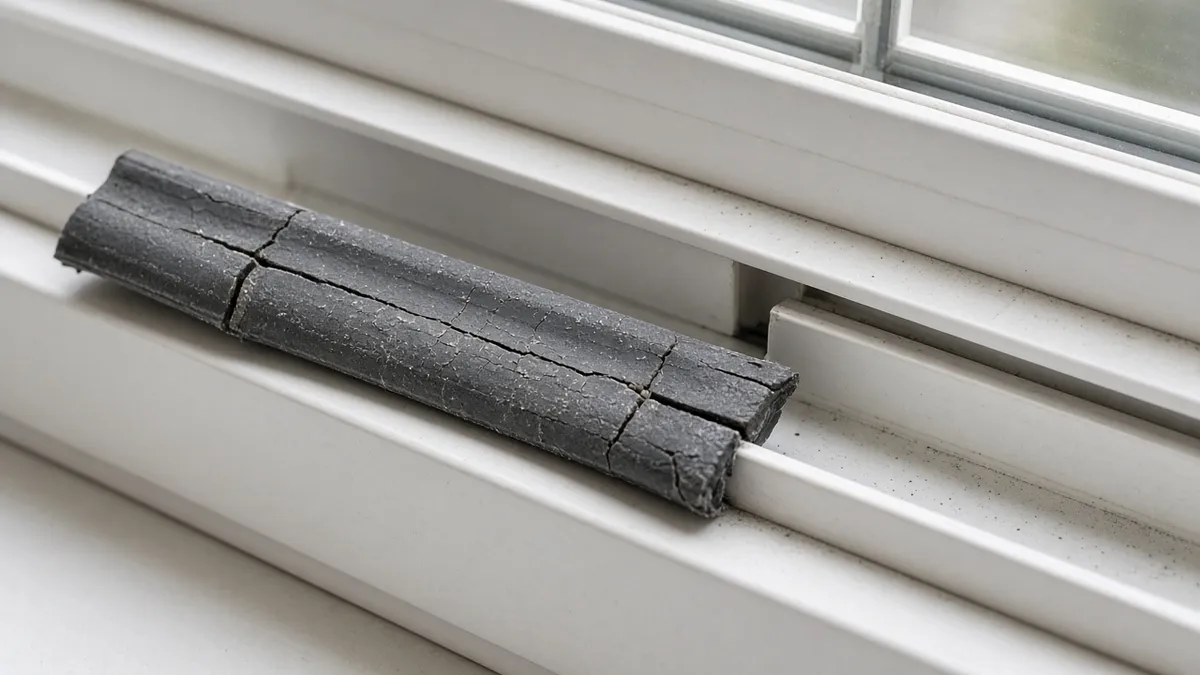 PVC pencere kanalından çıkarılmış, sertleşip çatlamış gri fitil parçasının yakından görünüşü