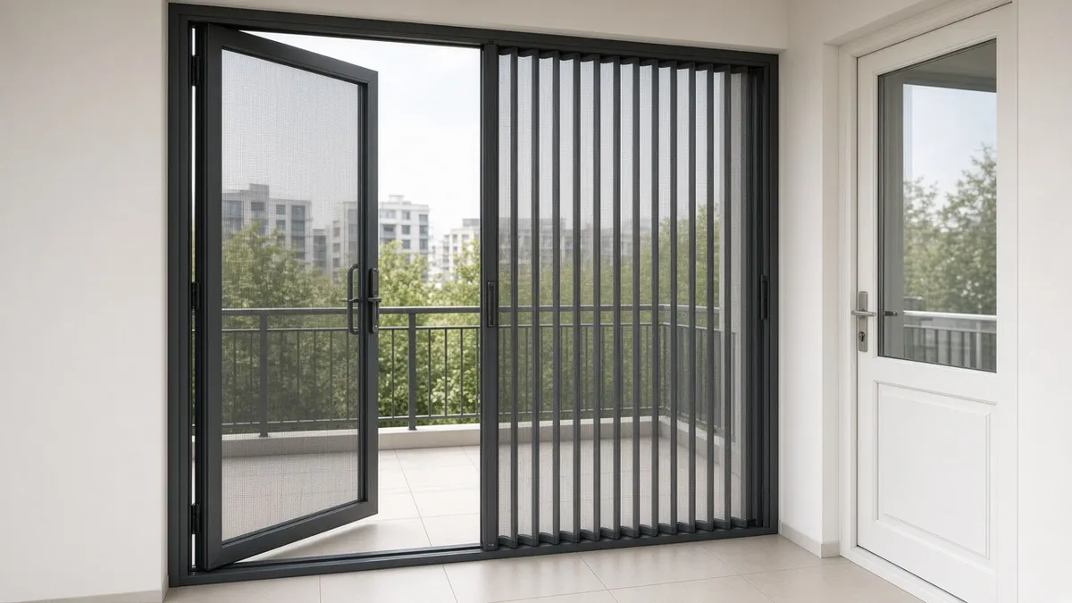 Aynı balkon açıklığında yan yana duran menteşeli sineklik kapı ile plise sineklik çerçevesinin karşılaştırma fotoğrafı